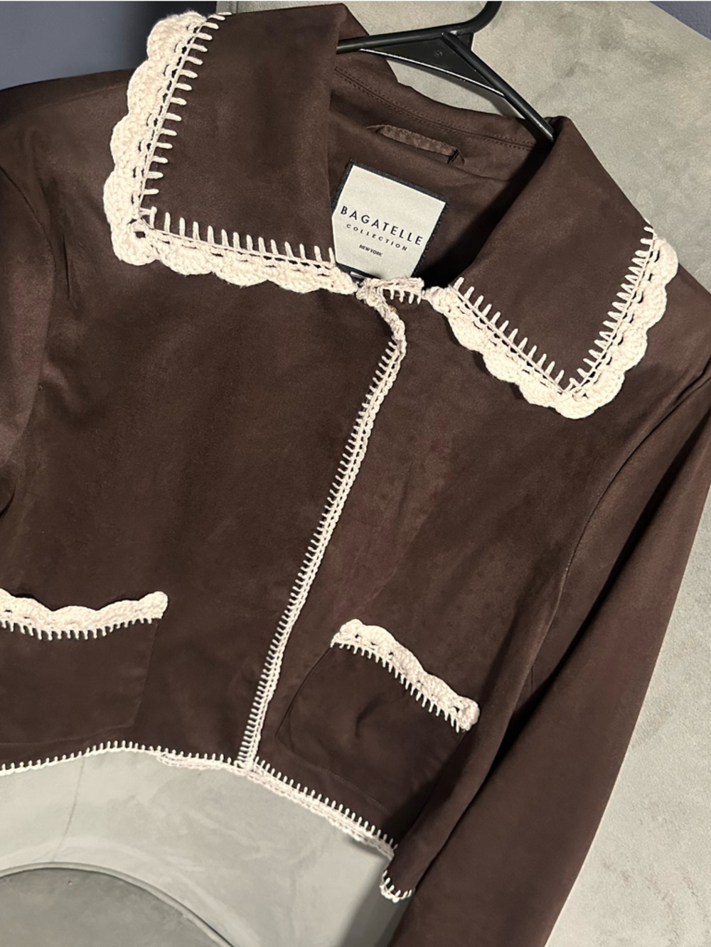 Bagatelle Brown Suede Jacket with Cream Crochet Trim